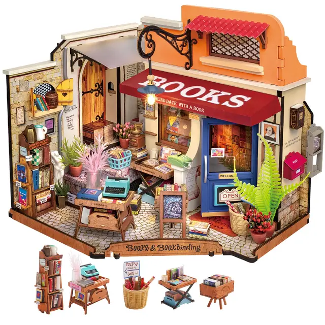 Robotime Wooden Dollhouse Garage Miniature DIY Craft Kits Dollhouse Kit Building Kits with LED Lights for Children and Adults