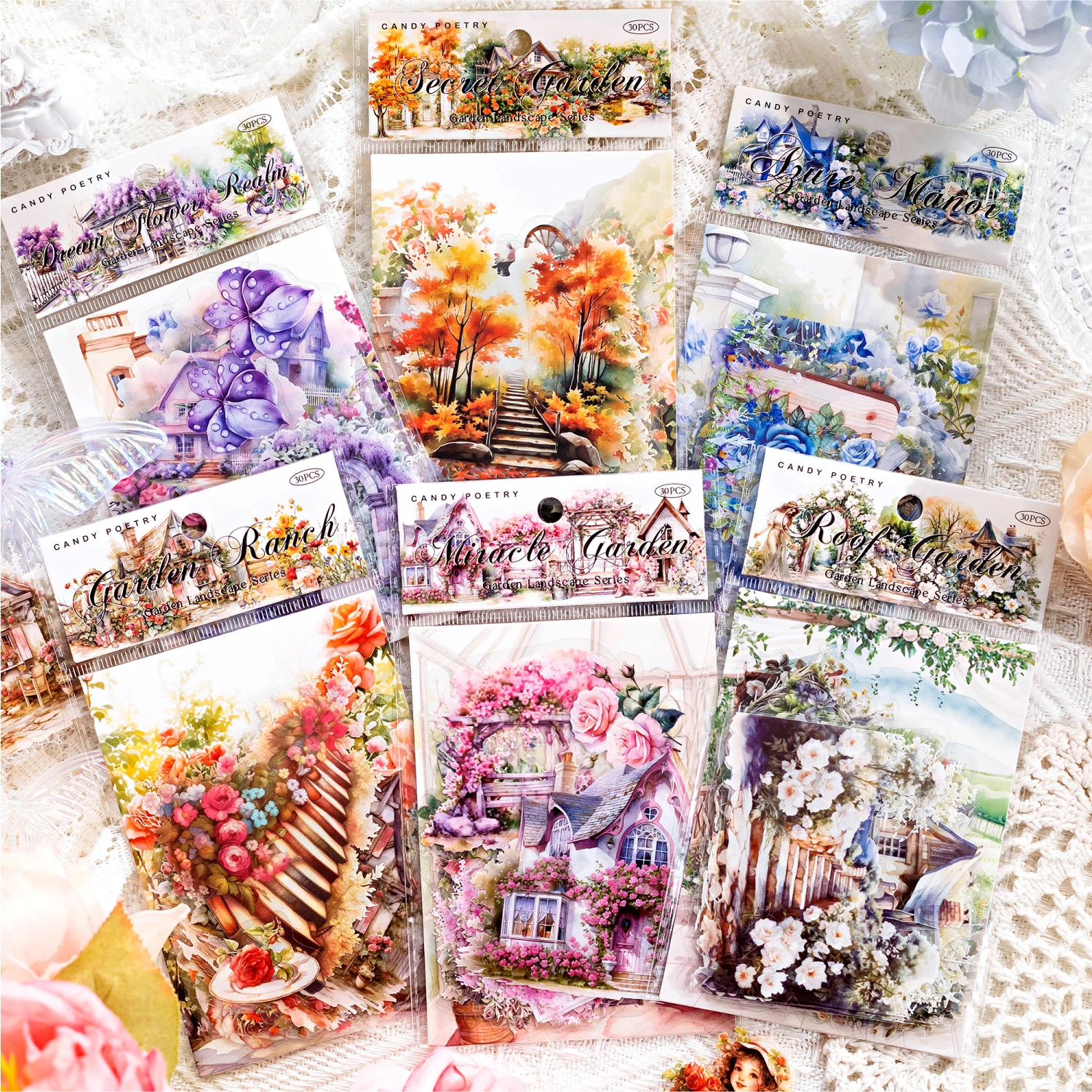 30pcs/pack Garden Scenery Stickers Kit Transparent PET Scrapbooking Materials DIY Junk Journal Aesthetics Sticker Stationary