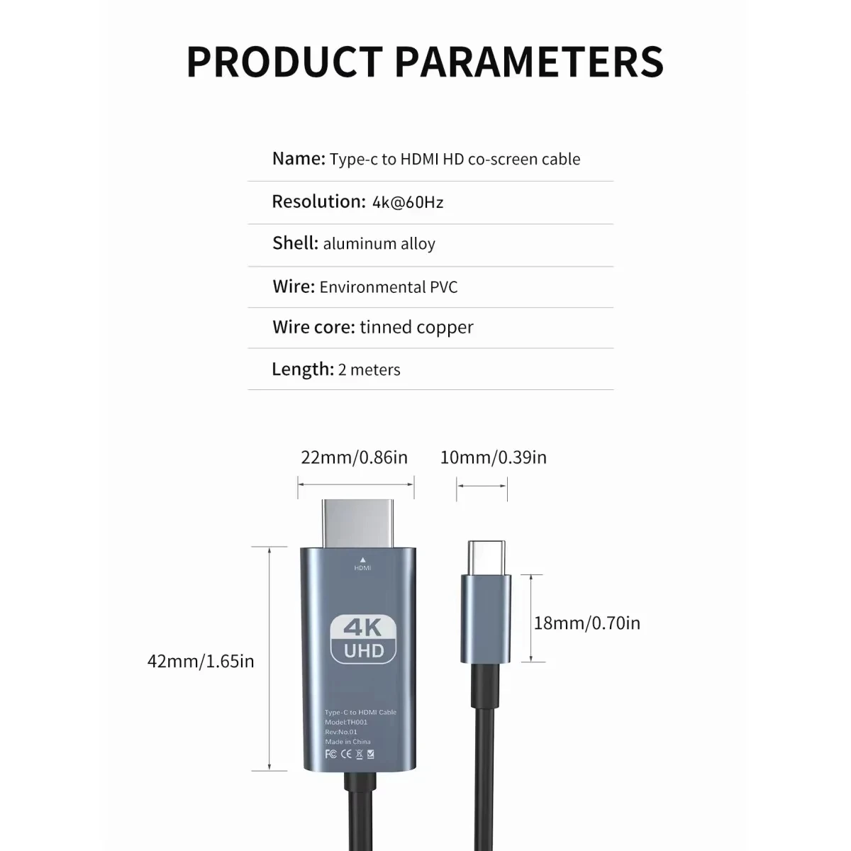 Type-c to HDMI-Compatible Cable 4K 60Hz HD Video Conversion Cable 2 Meters