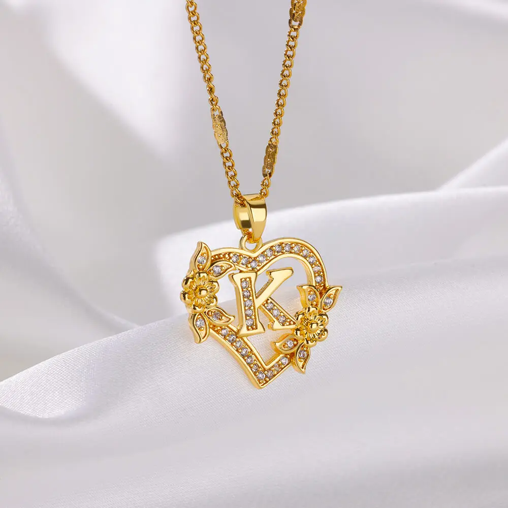 Flower Zircon Initial Heart Pendant Necklaces for Women Trend Stainless Steel Letter Necklaces Jewelry Best Friend Gifts pendant necklace