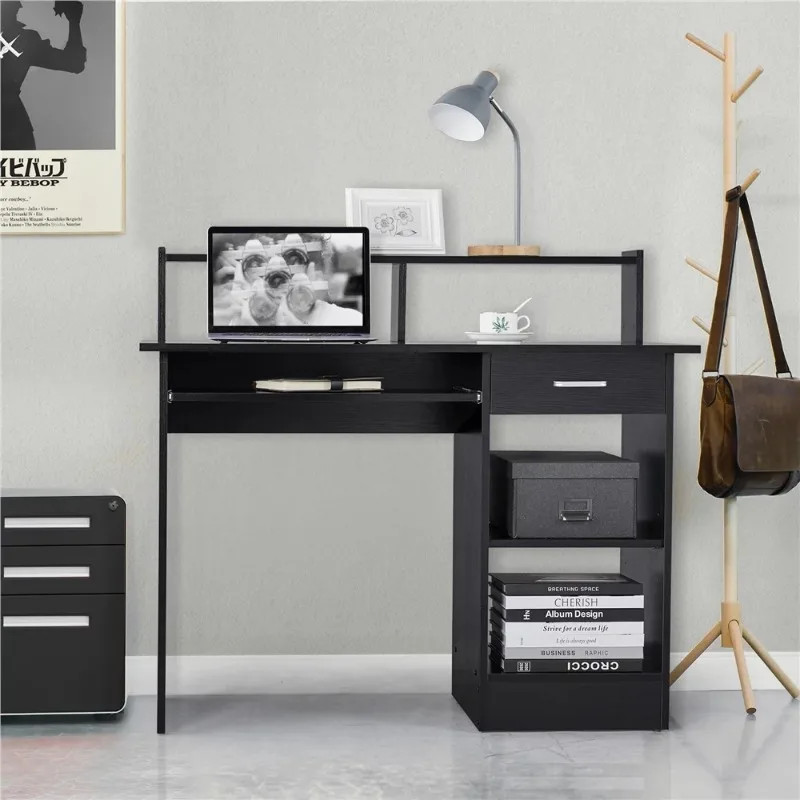

Wooden Home Office Computer Desk with Drawers and Keyboard Tray, Black
