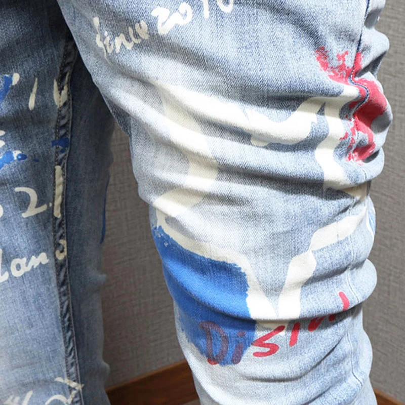 Streetwear Fashion Men Jeans Retro Light Blue Slim Fit Printed Jeans Men Night Club Painted Hip Hop Denim Pencil Pants Hombre