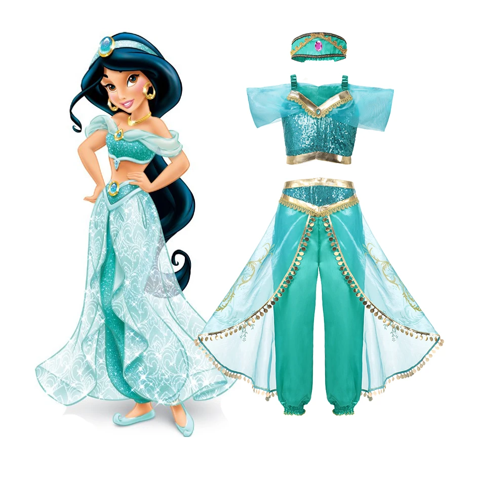 vestido de princesa Jasmine para niñas, traje de Cosplay Aladdín de malla, trajes de fiesta de Halloween, ropa de rol con lentejuelas, conjunto de 3 piezas| | - AliExpress
