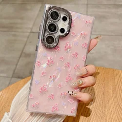 Luxury Laser Floral Phone Case with Foldable Camera Bracket Cover - Elegant and Cute Design - Samsung S25 (Pink DK)