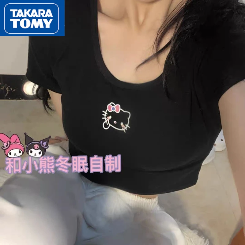

TAKARA TOMY Летняя женская самодельная футболка Hello Kitty из хлопка с U-образным вырезом Милая дышащая тонкая футболка с коротким рукавом милый студенческий Простой Топ