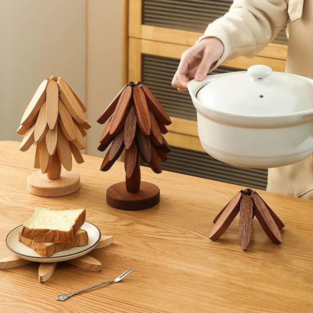 Multifunctional Foldable Wooden Trivets Anti Scald Non-slip Insulation Pads Household Christmas Tree Coaster Kitchen