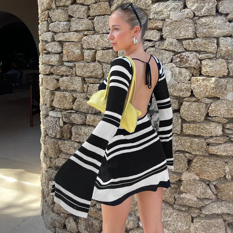 

Striped Long Flare Sleeve Backless Lace Up Elegant Sexy Slim Mini Prom Dress 2023 Autumn Women Clothes Party Vacation Vestidos