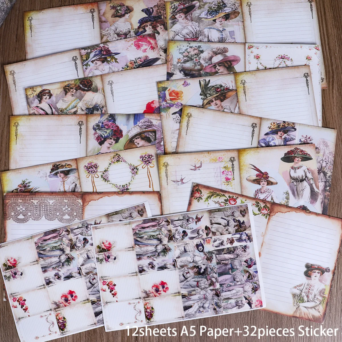 12 Papiere, 32 Aufkleber, A5, beschreibbar, 1910er Jahre, modisches Damen-Themen-Decoupage-Papier-Set, für Scrapbooking-Zubehör, Junk-Tagebücher – Detail 2