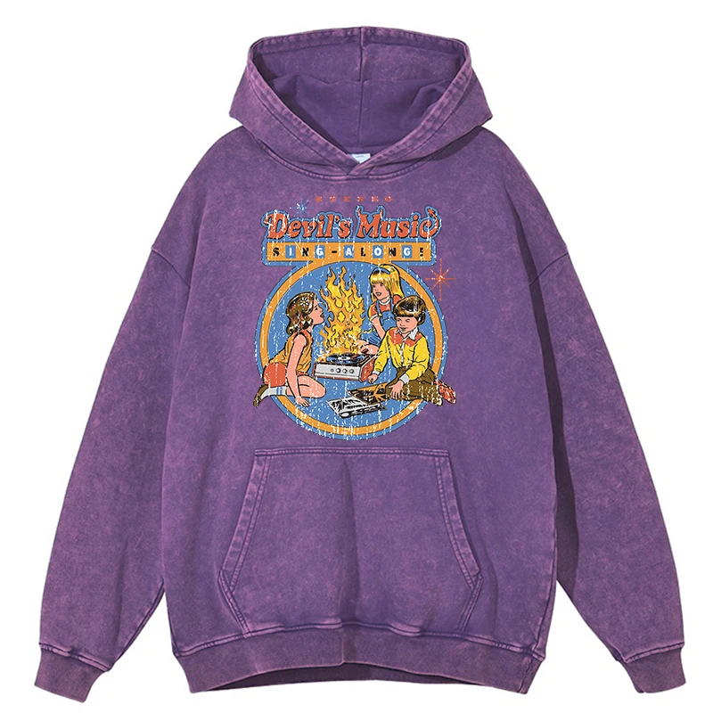 Sudadera con capucha retro desgastada con estampado estéreo de música del diablo para cantar, ropa para hombre, sudadera holgada y cálida, sudadera informal de gran tamaño