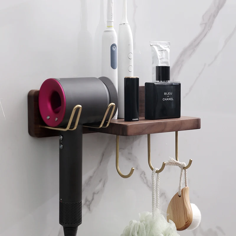 

Compatible Razor Holder: Solid Wood Wall Hanging Hair Dryer Storage Multifunctional Shelves with Brass Towel Rack