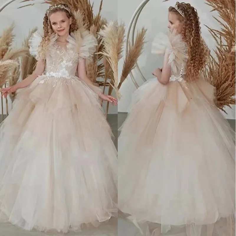 

Champagne Short Sleeves Flower Girl Dress Princess Elegant Appliques First Communion Dress For Girl Birthday Party Dresses
