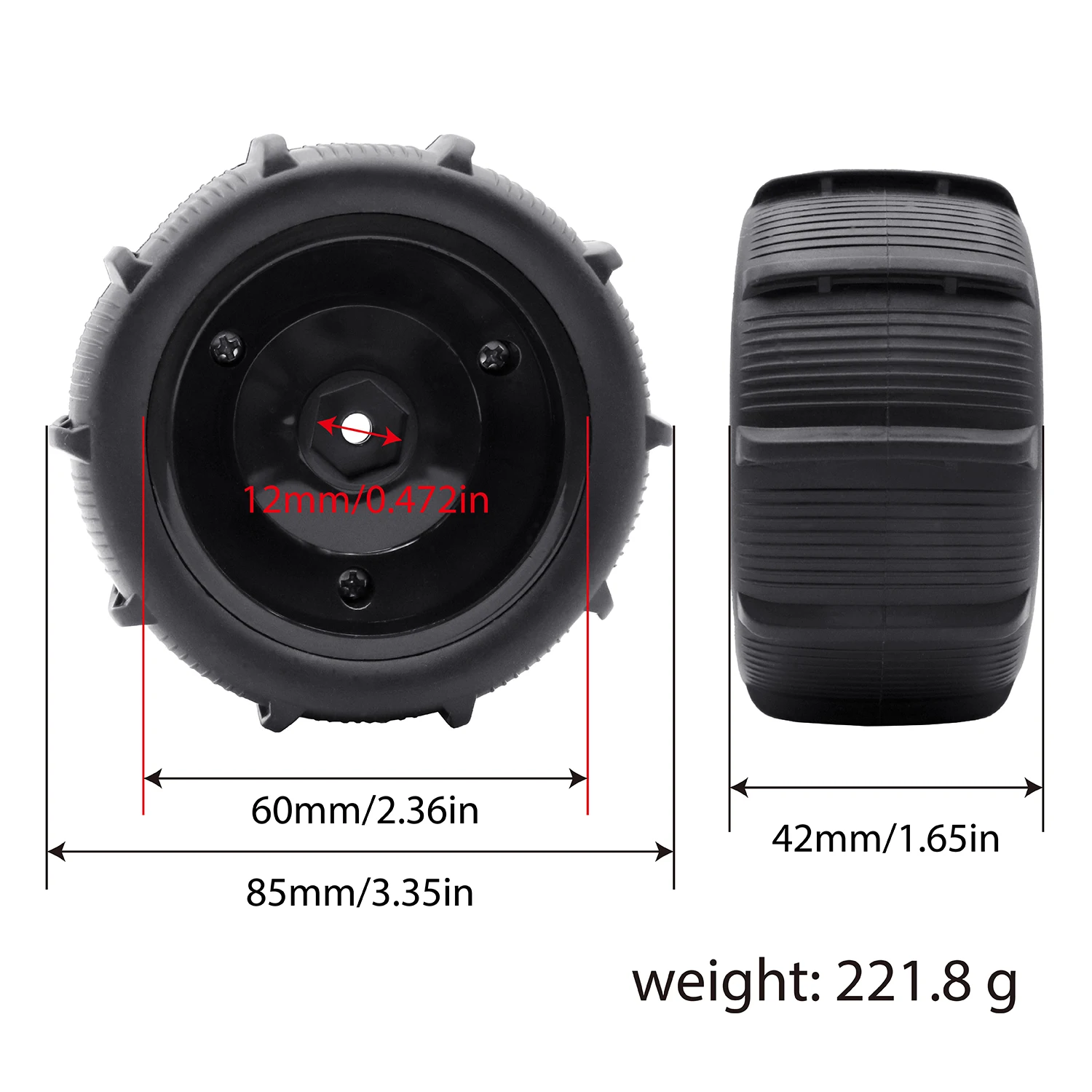 Jeu de 4 roues RC 1/10 12mm hexagone 3.5mm tige