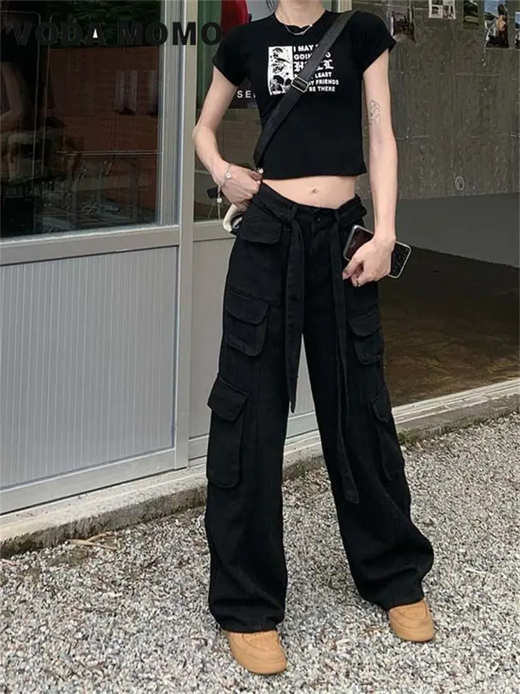 

2022 Autumn Fashion loose Harajuku casual low waist trousers streetwear overalls wide leg cargo Retro trend High Street trousers