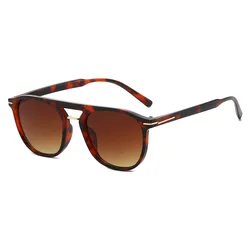 Aviator Retro Square Sunglasses - European Street Style Double Beam Outdoor Sun Shades (Leopard Tea)