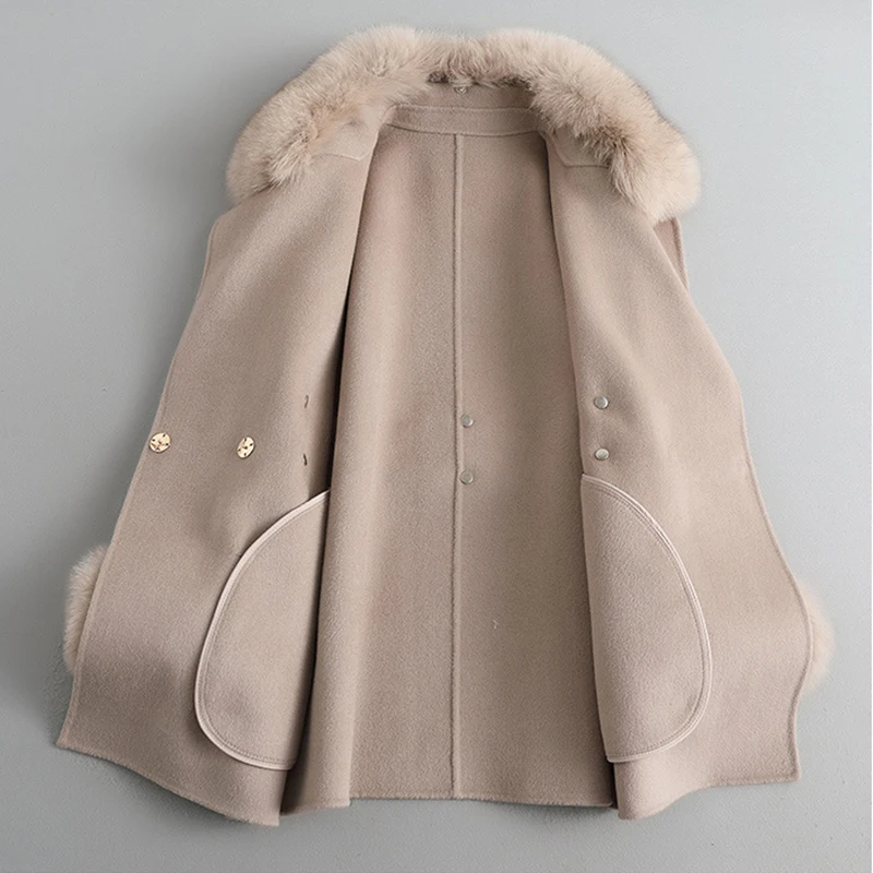 Warm Wool Coat Detachable Fur Collar Fashion Casual Women Solid Color Woolen Overcoat Real Fox Fur Collar Wool Female Jacket