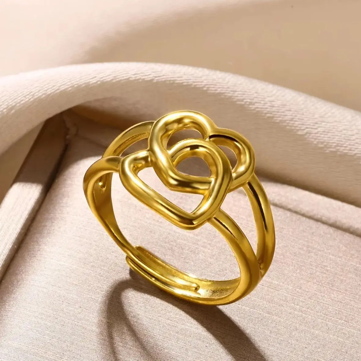 Hollow Double Heart Open Rings For Women Gold Plated Wedding Engagement Ring