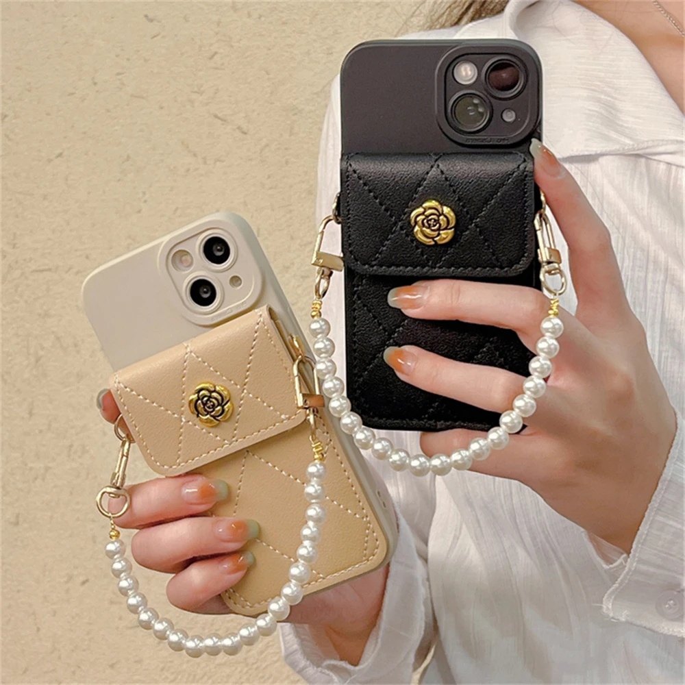 Korea 3D Kamelie Blume Karte Tasche Perle Kette Silikon Weiche Fall Für iPhone 16 15 14 Pro Max 13 12 11 X XR 8 Plus Stoßfest Abdeckung_voghion.com