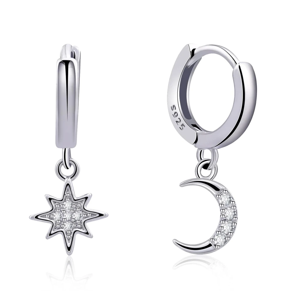 Silberne Mond- und Stern-Ohrringe, Huggie-Creolen, Creolen aus 925er-Sterlingsilber, handgefertigte Ohrhänger für Frauen und Mädchen