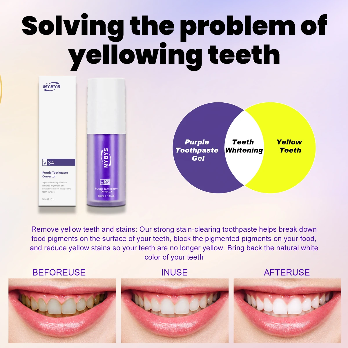 Mybys סגול שיניים משחת שיניים הלבנת מהות ניקוי הפה הלבנה שיניים צהוב צבע תיקון סרום מקצועי