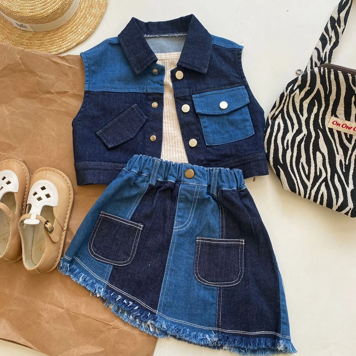 

Jenny&Dave 2023 Spring/Summer Fashion Brand - Japanese Casual Style Girl Baby Unisex Denim Contrast Vest Half Skirt for Children