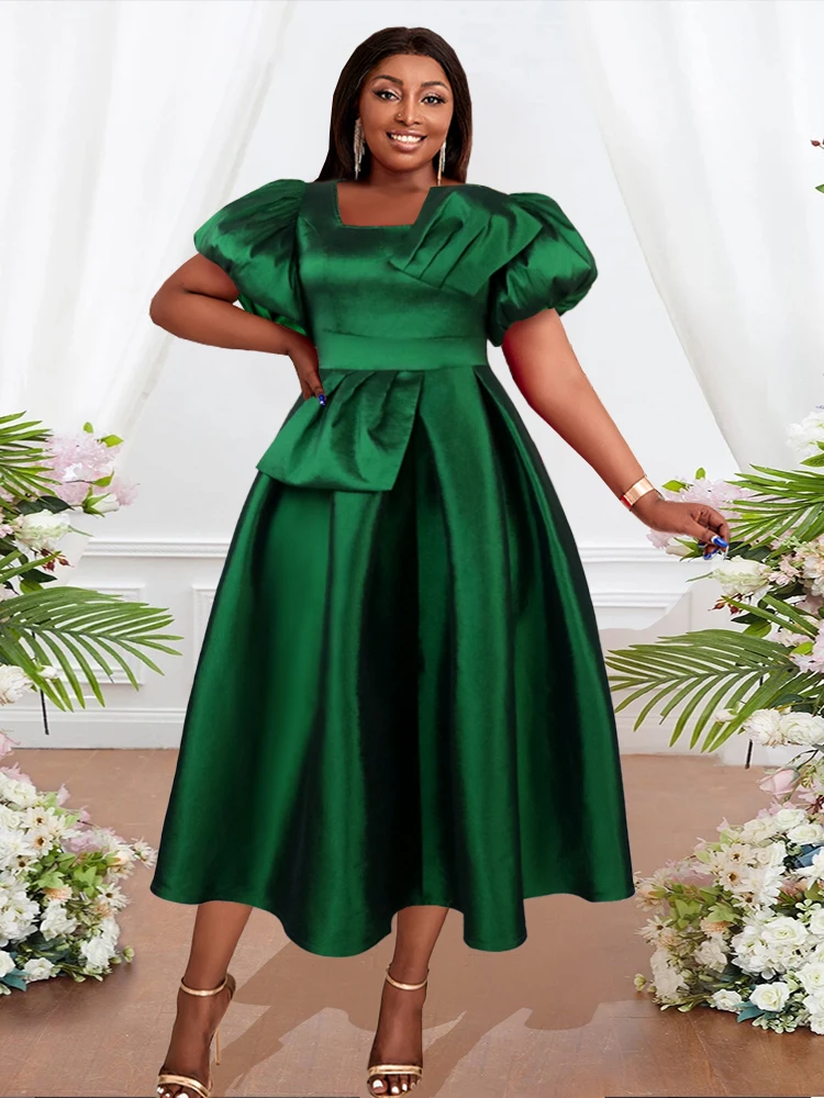 Plus Size 4XL Green Dress Peplum Elegant Square Neck Puff Sleeve robes High  Waist Pleated Flowy Gown Evening Wedding Birthday| | - AliExpress