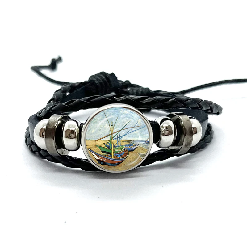 Classic Van Gogh Art Painting Series Bracelet Starry Night Sunflower Handmade Glass Leather Bracelets Men Women Gift 6