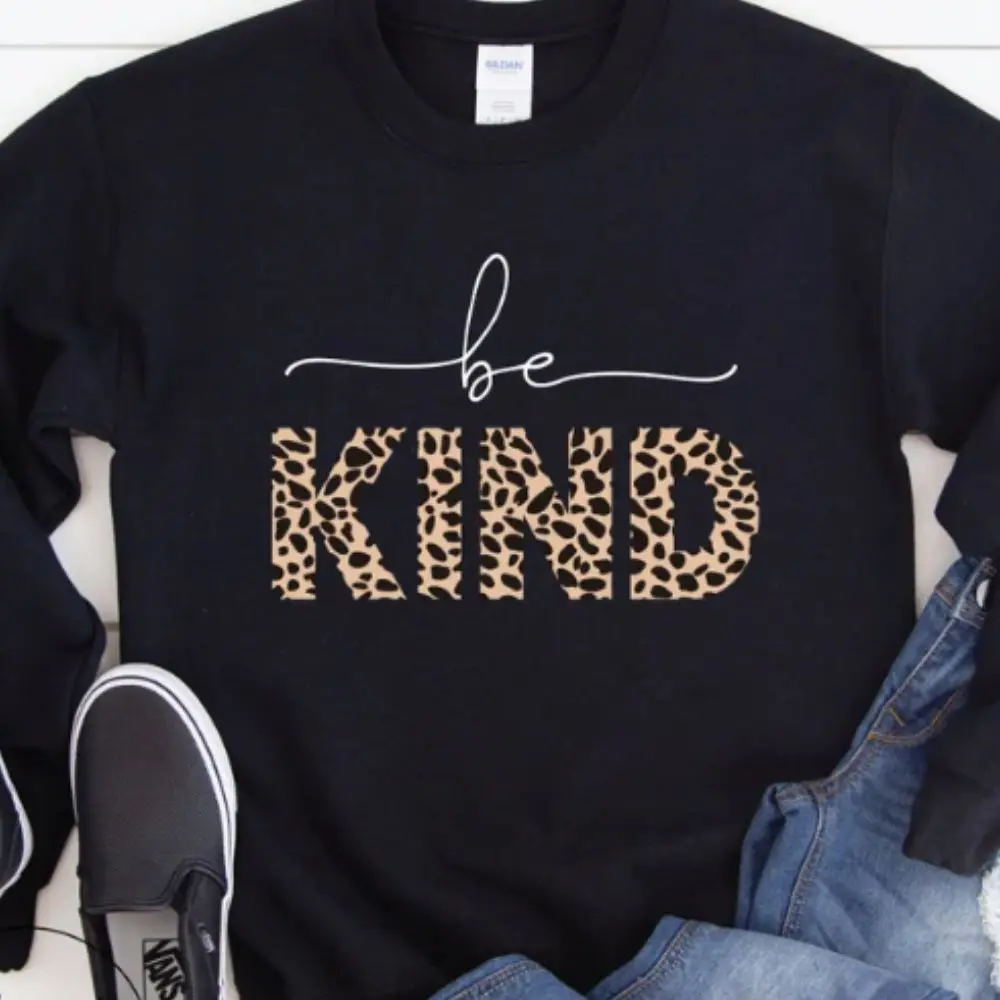 Be Kind Letter Print Sweatshirt Leopard Tee Long sleeve Women Gift Pullover Graphic Loose Sweatshirts Tops Clothing  for Girls sweatshirts leopard steer skull bleached sweatshirt in multicolor size l m