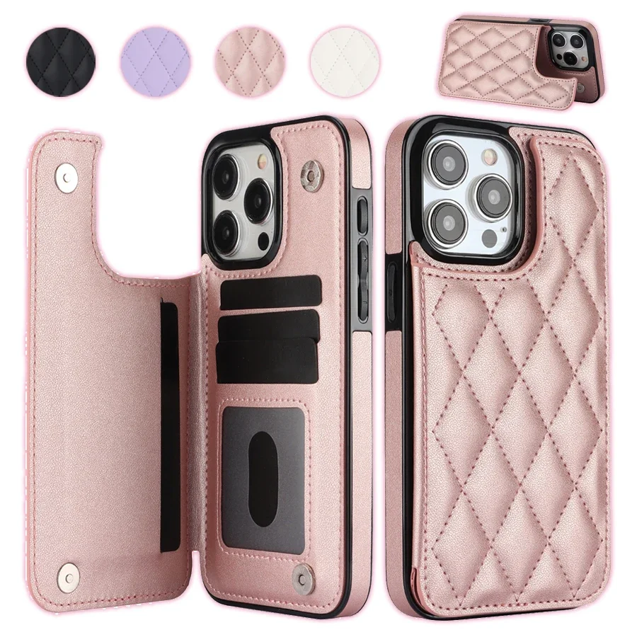 Elegant Card Slot Flip Leather Wallet Case with Double Button Closure