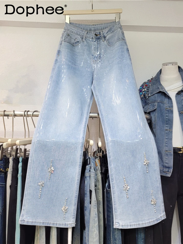 

Exquisite Rhinestone Sequined Denim Trousers High Waist Jeans Women Wide Leg Pants Spring Summer New Loose-Fitting Mopping Pants