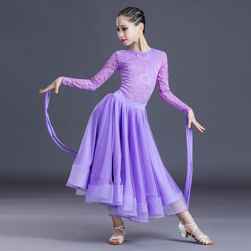 New Ballroom Dance Competition Dress For Girls Long Sleeved Lace Tops Skirts Suit Waltz Rumba Modern Dance Clothing DN12893