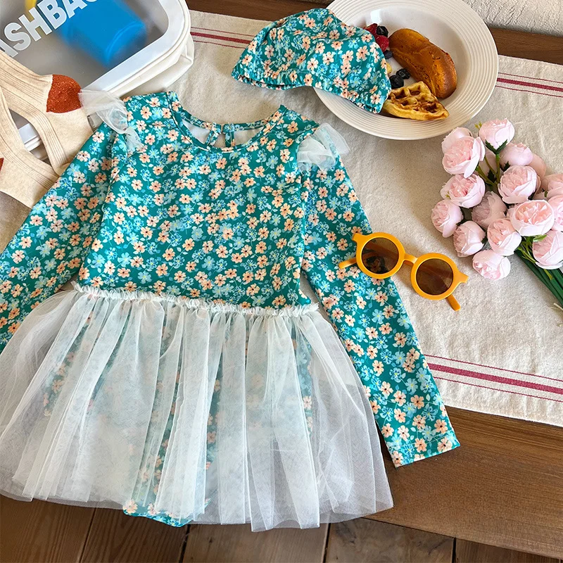

2023 Summer Kids Bathing Suit Mesh Patchwork Floral Swimsuit for Girls Backless Long Sleeve Swimwear