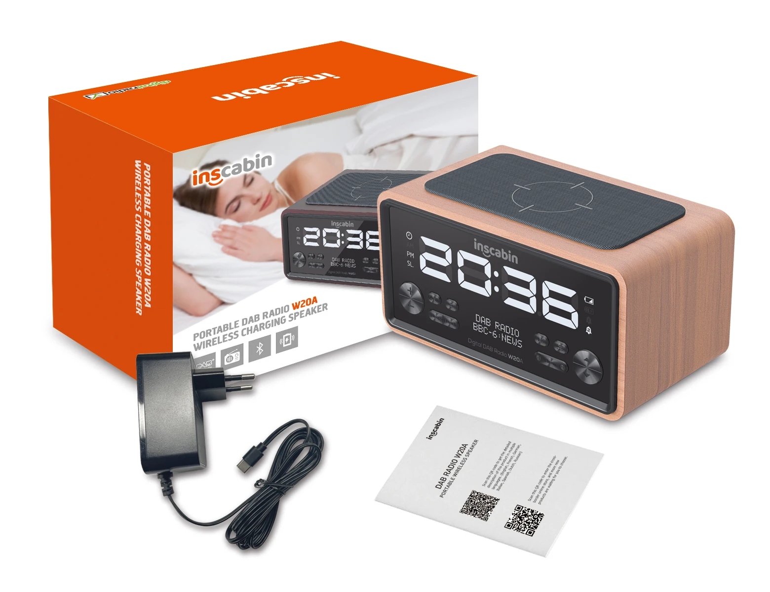 Inscabin W20 DAB/DAB+ FM Digital Radio Alarm Clock with Wireless Charging Bluetooth for Bedroom Kitchen Office bluetooth speaker