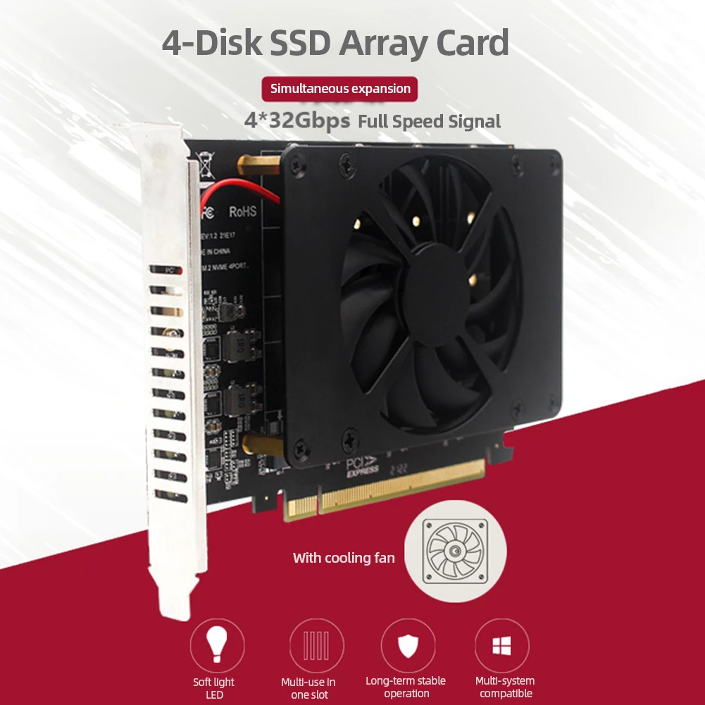 4 Disk Motherboard PCIE Splitter Card with Heat Sink PCIe 4.0 X16 Switch To 4 Ports M.2 Adapter Card 4 X 32Gbps