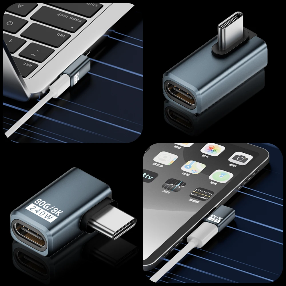 USB4 V2 90 Degree Type C Angle Adapter 80Gbps Thunderbolt 5 4 3 Elbow Adapter 240W USB-C Cable Connector 40Gbps for MacBook Air BEST SELLERS