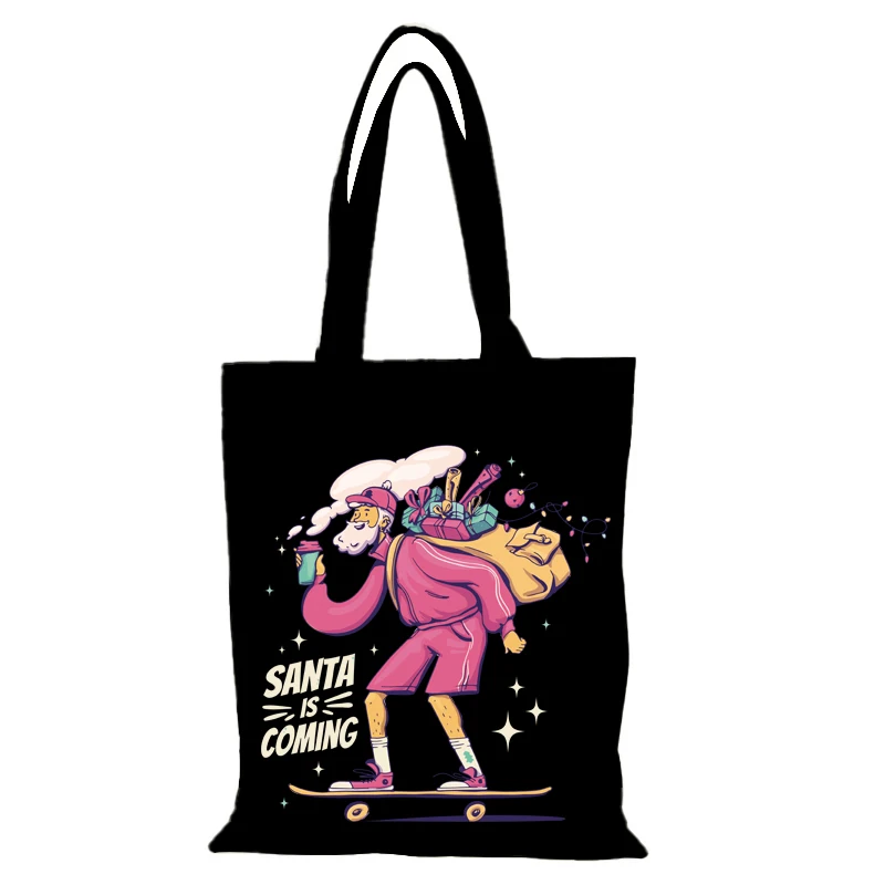Cartoon Geschenktüte Neujahrsgeschenk Frohe Weihnachten Mann Einkaufstasche Frau Handtaschen Damen Handtasche Stofftaschen Eco Shopper Canvas Lady – Detail 9