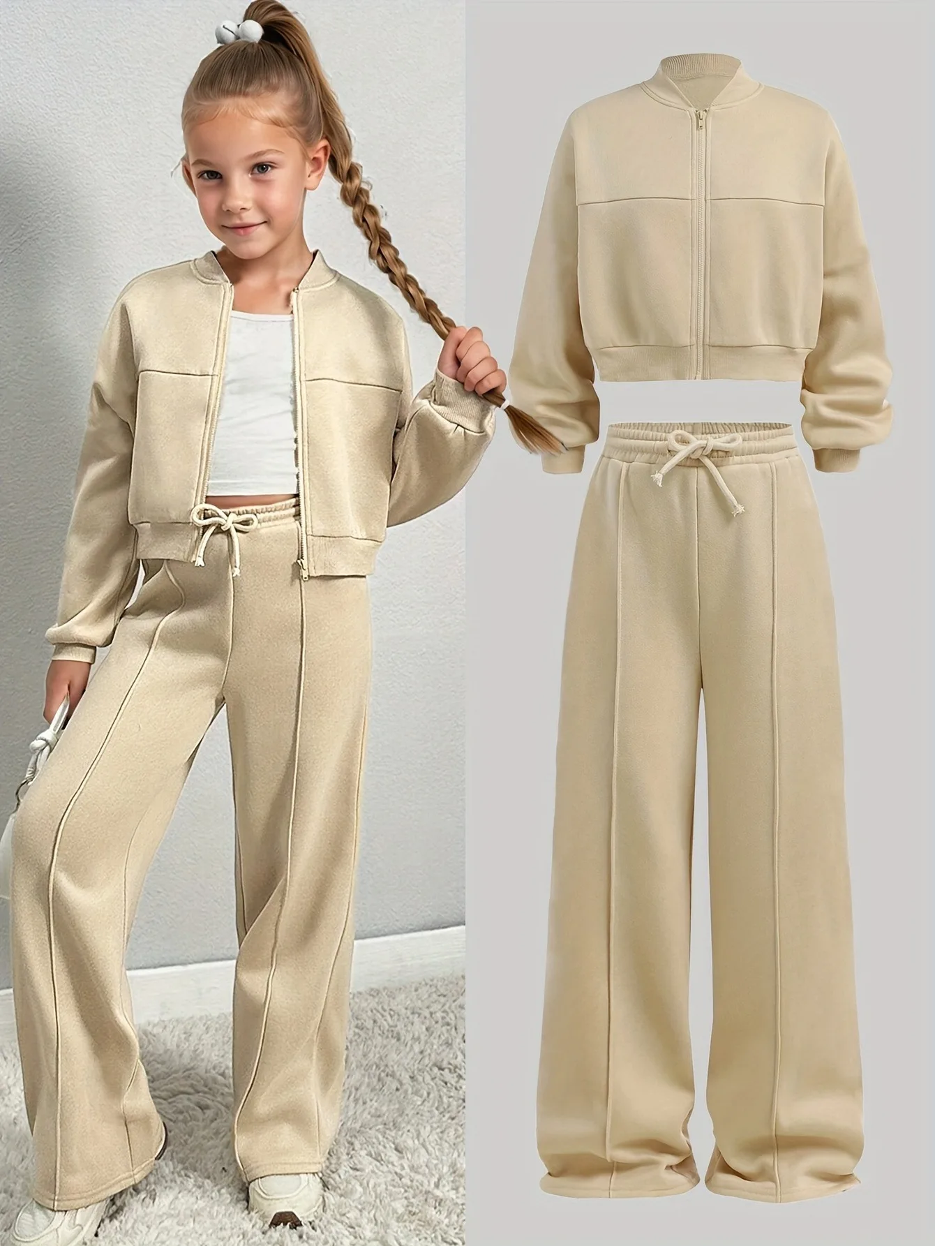 2-teiliges Set für Kinder und Mädchen, kurze Bomberjacke mit Reißverschluss und Hose mit weitem Bein und Kordelzug, lässiges, sportliches Herbst-Outfit