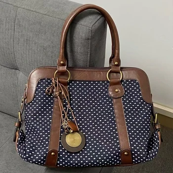 Borsa Tote Vintage a Pois da Donna, Stile Preppy, Grande Capacità, Borsa a Mano, Valigetta, Borsa a Spalla Versatile per Pendolari con Finiture in Pelle