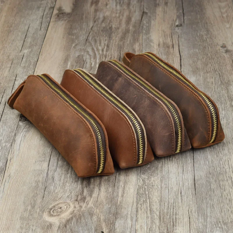 

Vintage Pen Bag Crazy Horse Leather Retro Coin Purses Genuine Leather Coin Pouch Handmade Pen Collection Bags Stationery Bag