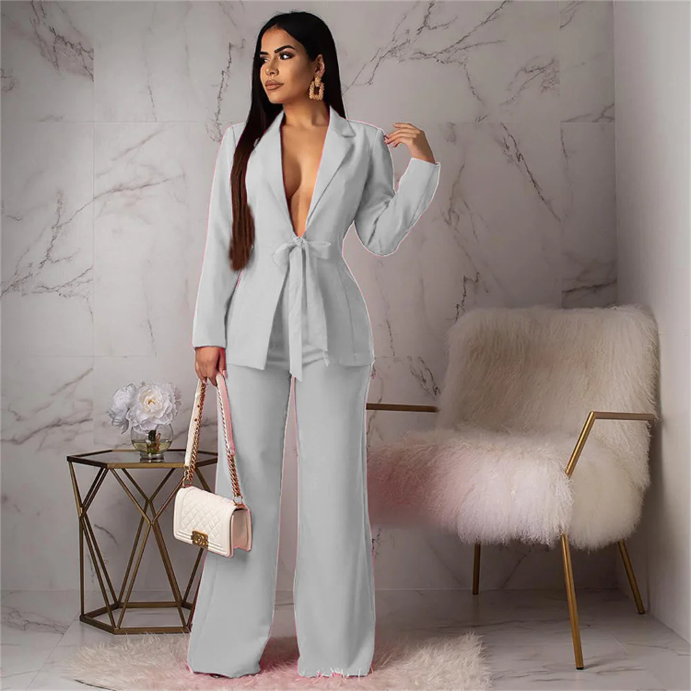 Elegant Women Formal Pant Sets 2023 New in Female Lace-up Blazers + Wide Leg Pant Suit Officie Lady Business 2 Piece Set
