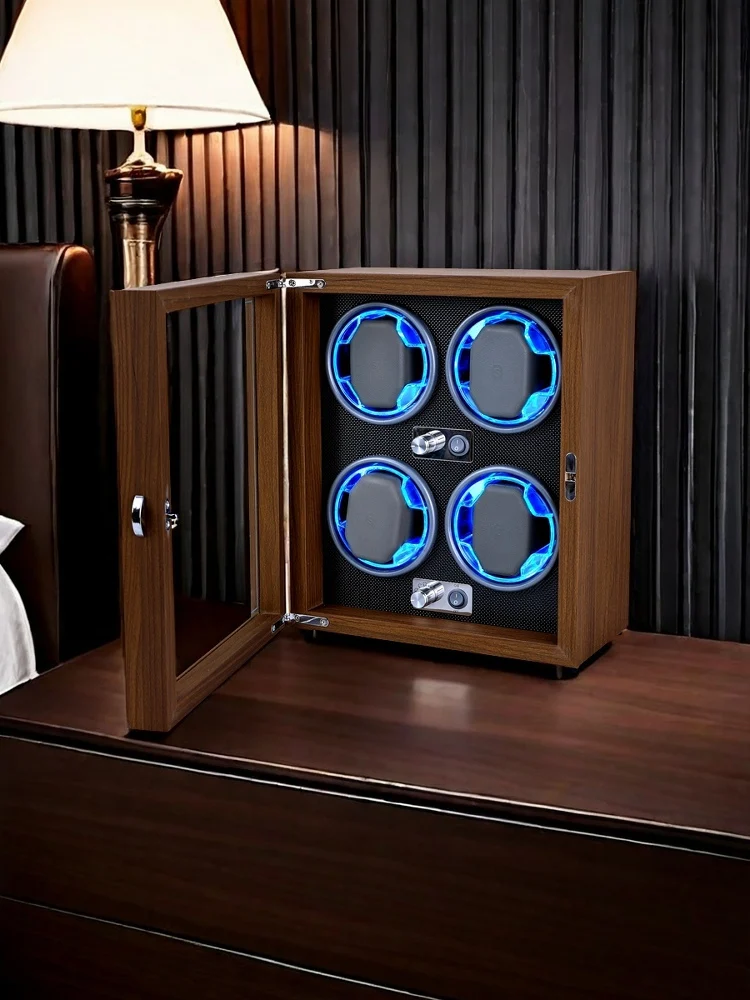 Automatic 4-Slot Watch Winder Box with Blue LED Light, Black Walnut, Red and Carbon Fib... - SKU LAWW1128 - UGI Packaging