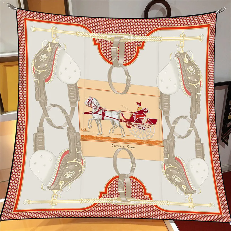 Luxury 90cm Twill Silk Checkered Horse Print Square Scarf Shawl