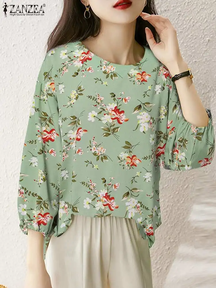 

ZANZEA Fashion Elegant Bohemian Blouse Women Casual Blouse Loose Floral Print Tops 2023 Autumn Round Neck 3/4 Sleeve Chic Blusas