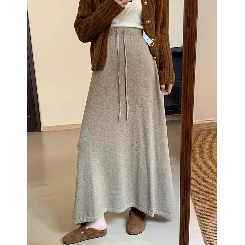 Korean Style Winter Maternity Cashmere Skirt Solid Color Warm Pregnant Woman Knitting Skirts Adjustable Waist Maxi Skirts 92cm