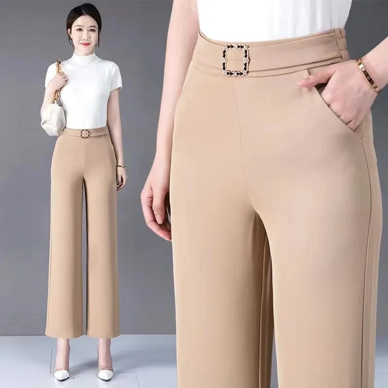 2024 Summer Women Ankle-Length Pants Milk Silk Loose Straight Leg Pants Elastic High Waist Casual Wide Leg Pants