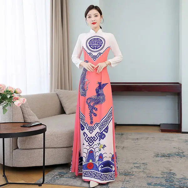 

Spring Summer Ao Dai Cheongsam Folk Style Vietnam Chiffon Aodai Graceful Elegant Women Chinese Traditional Dress Improve Qipao