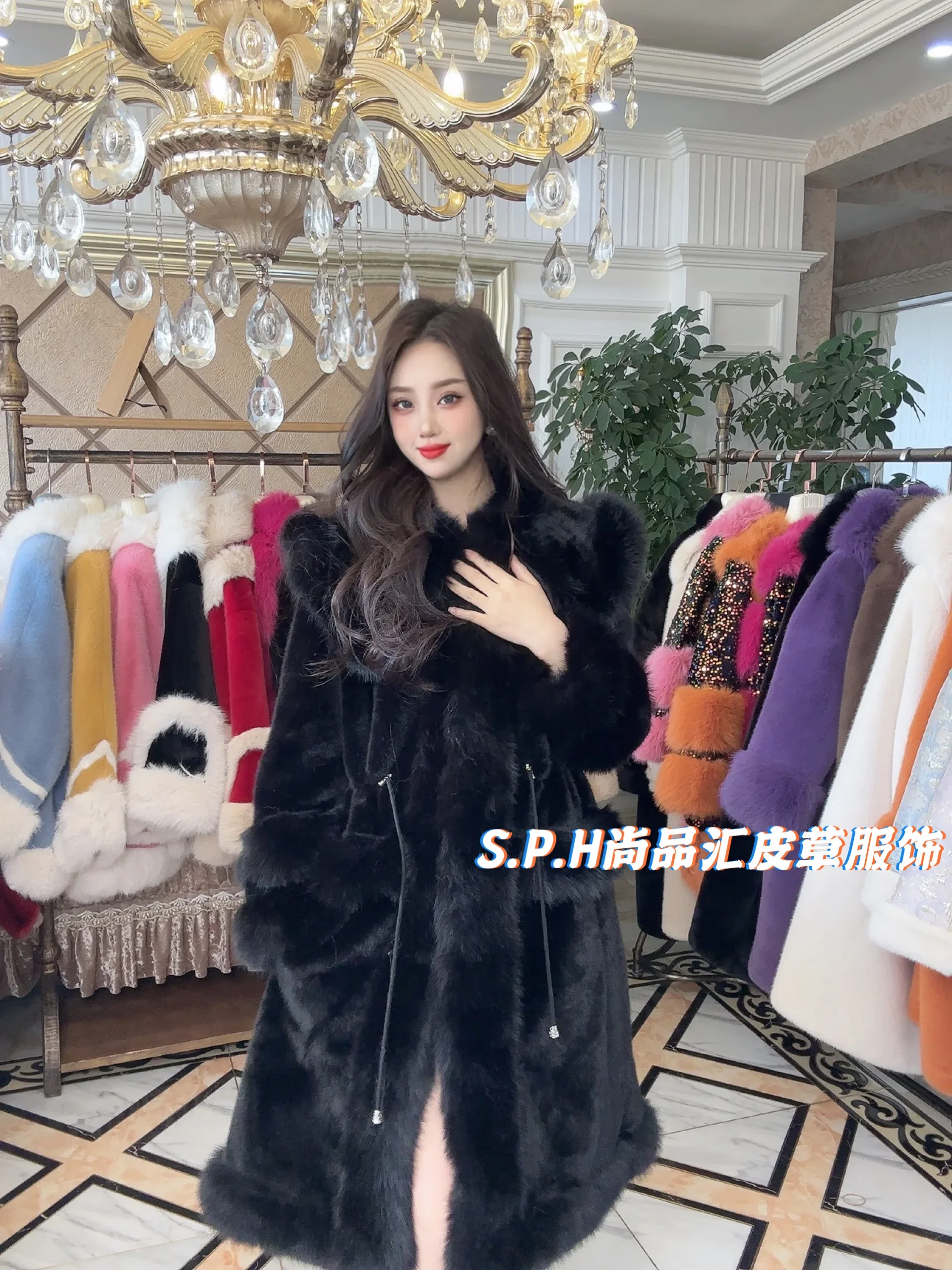 New Women's Winter Clothes Drawstring Fur Coat Fashion Mink Toka Fox Fur Waist Slim Coat Long Sleeve Loose Solid Fur Jacket