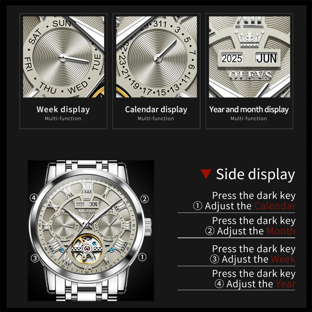 OLEVS 6668 Luxury Skeleton Automatic Mechanical Men Watch Top Brand Movement Roman Scale Calendar Waterproof Business Men Watch 4
