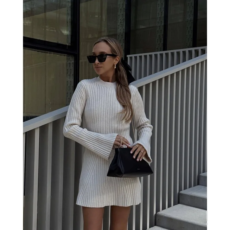Hollow Out Ribbed Knitwear Mini Dress Female Sexy Loose High Waist Patchwork Party Dress Casual Elegant Knit Women Dress
