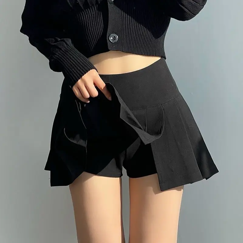 Lucyever Pleated Skirts Women Sexy Slim Side Split Anti-Glare Mini Skirt Female All-Match Solid Color High Waist A Line Skirt