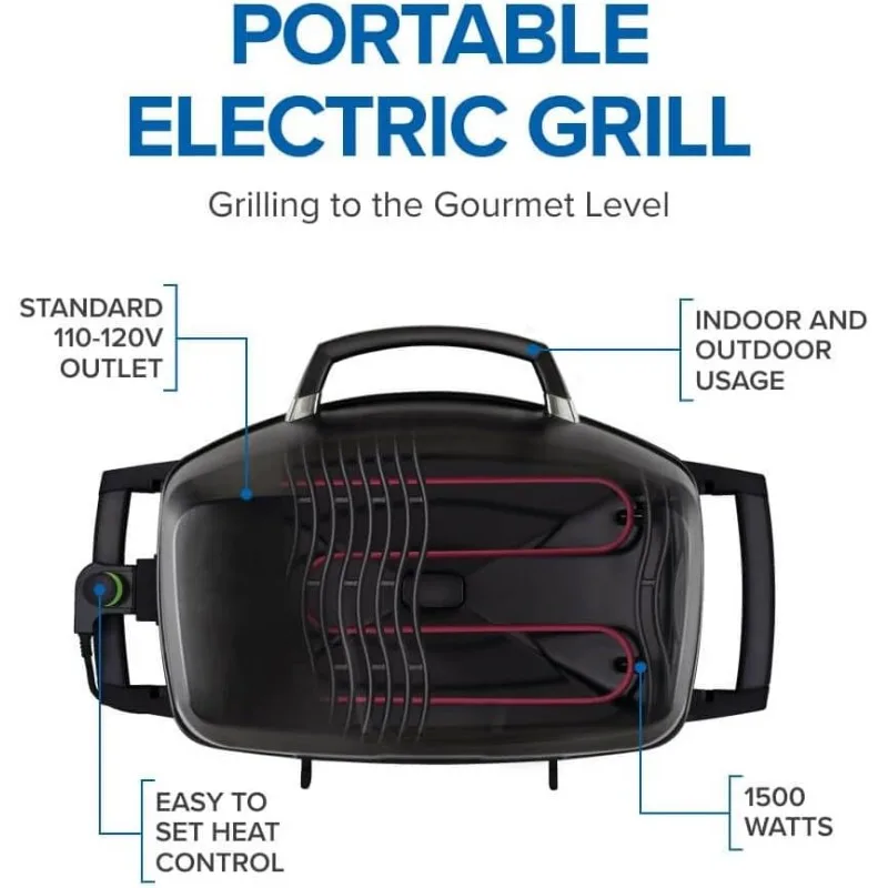 Portable Electric Grill, Black, 1500 Watts, 285 in² (1839 cm²) Cooking Area, Cast Iron Grids, Temperature Gauge 3